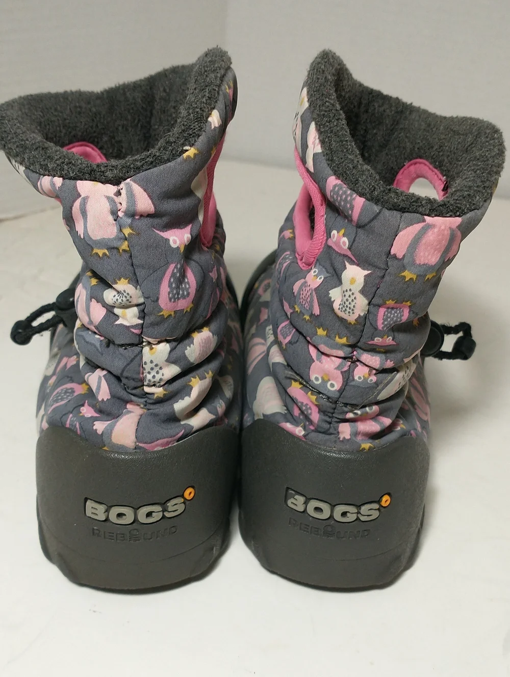 Bogs Winter Snow Boots, Owls, Pink / Gray, Size 13, Rated -4 F, Adjustable Cord